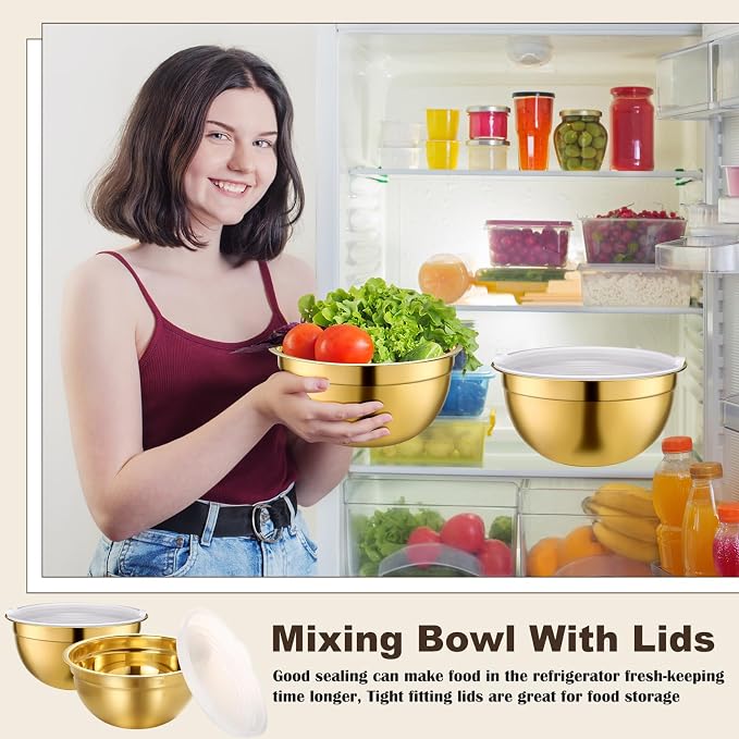LemonRoad Gold Kitchen Accessories Set Includes 4 Quart Stainless Steel Colander, 3 Qt 5 Qt Gold Mixing Bowls with Airtight Lids, 1 Set Stainless Steel Measuring Cups and Spoons and Fine Mesh Strainer