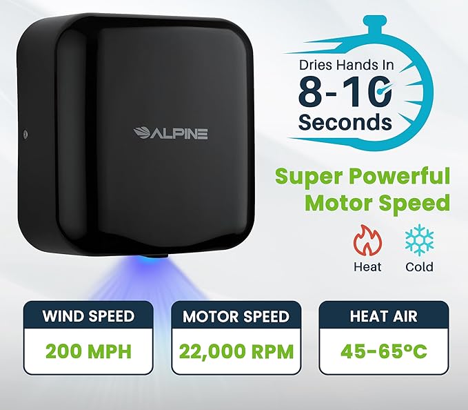 Alpine Commercial Automatic Hand Dryer - High Speed Air Hand Dryer for Home, Restaurant, Bathroom, and High Traffic Areas. 1800 Watts / 110-120 Volts (Black)