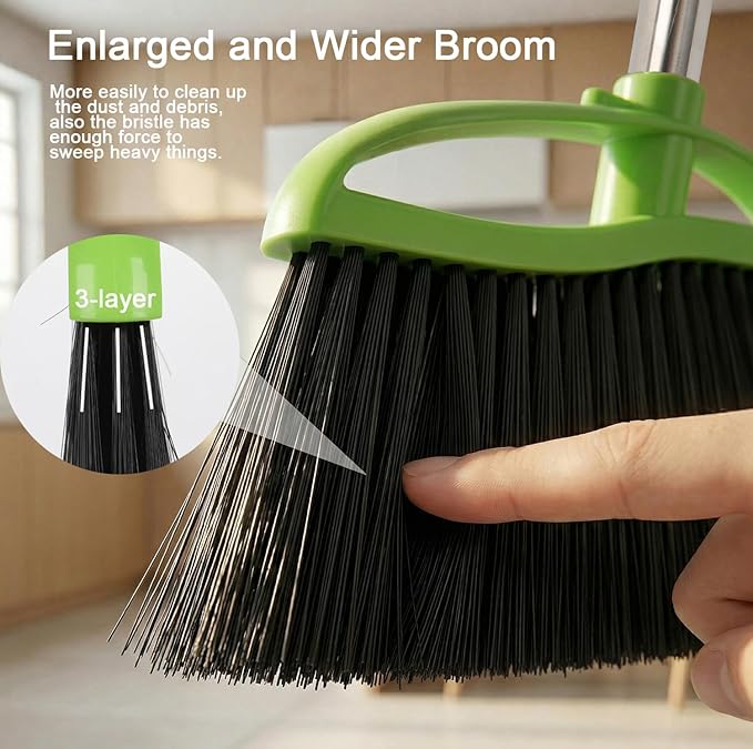 Soft Bristles Green Angle Broom and Dustpan Set, Long Handle Household Indoor Broom with Dustpan Combo Set for Room Kitchen Lobby Office Hardwood Floor Sweeping Floor Cleaning