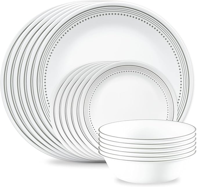 Corelle Vitrelle 18-Piece Service for 6 Dinnerware Set Triple Layer Glass and Chip Resistant, Lightweight Round Plates and Bowls Set, Mystic Gray