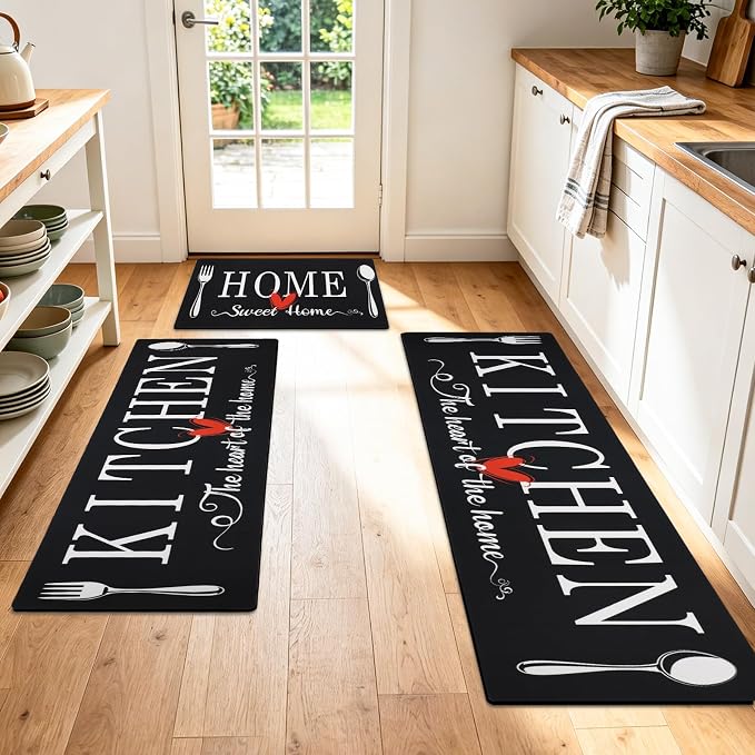 Kitchen Rugs Set 3 Piece, Non Slip Kitchen Mats for Floor, Soft Fabric with Rubber Backing, Farmhouse Anti Fatigue Runners Carpet for Home Kitchen Laundry Room Hallway (Black)