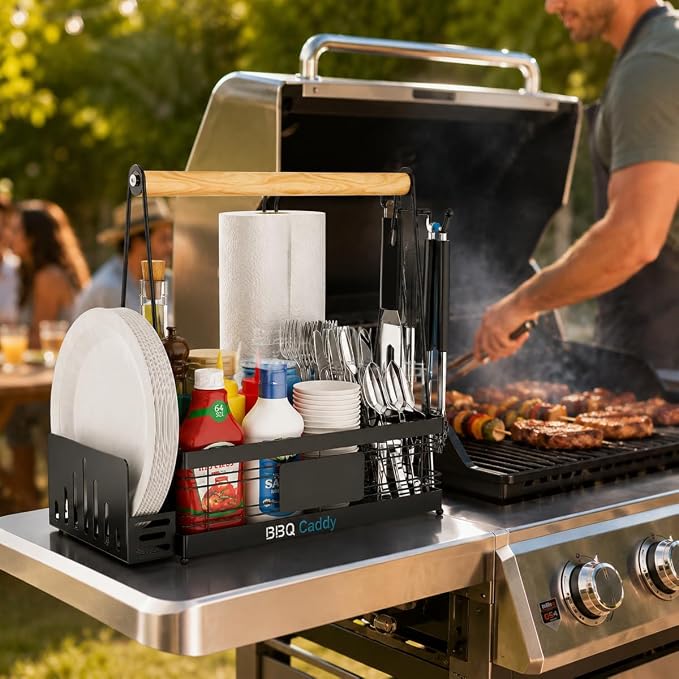 Portable BBQ Grill for Cuisinart CPG-700 Woodcreek XL 2021-2024, Multi Compartment Outdoor Grilling Organizer with Plate Rack, Paper Towel Holder & Tool Hooks for Camping,A