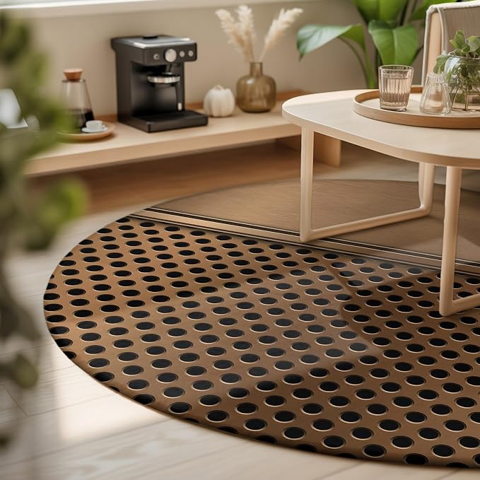 Round Area Rug 6', Brown Metal Hole Washable Area Rugs for Living Room Kitchen Bedroom Nursery Dining Room, Modern Copper Net Eye Hole Pattern Non Slip Door Mat Indoor Floor Throw Circle Carpet