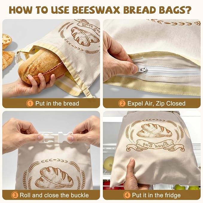 Large Linen Beeswax Bread Bags(1 Pack) Sourdough Bread Bags Reusable Double-Lock Freezer Baking Container Gift Giving for Homemade,Loaf,Sourdough,Food Storage(Artisan Bread Sketch Print, 1Pack)