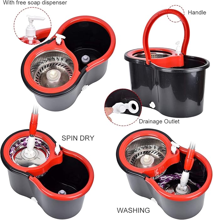Spin Mop and Bucket with Wringer Set, 6 Mop Refills, 61" Handle (2 Sets) | 360° Spinning Mop System with Stainless Steel Extended Handle & 6 Microfiber Refills for Floor Cleaning