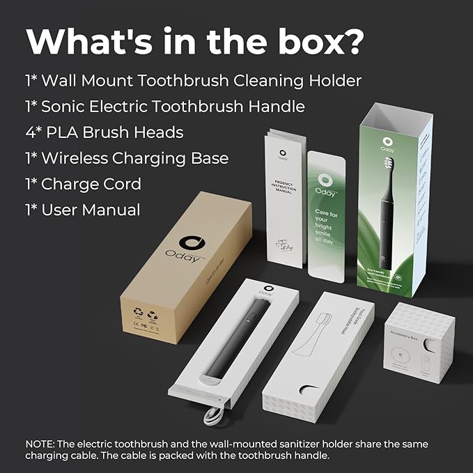 Oday Rechargeable Electric Toothbrush for Adults with Wall Mounted UV-Cleaning Tooth Brush Protector Case and 4 Brush Heads, Smartimer, IPX7 Waterproof, 1 Month+ Battery, Sleek Aluminum Body Black