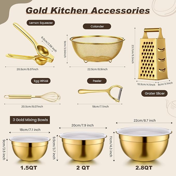 LemonRoad 10 Pcs Gold Kitchen Accessories Set, Includes Gold Mixing Bowls with Airtight Lids, Stainless Steel Colander, Grater Slicer, Lemon Squeezer, Peelers, Egg Whisk, Measuring Cups and Spoons