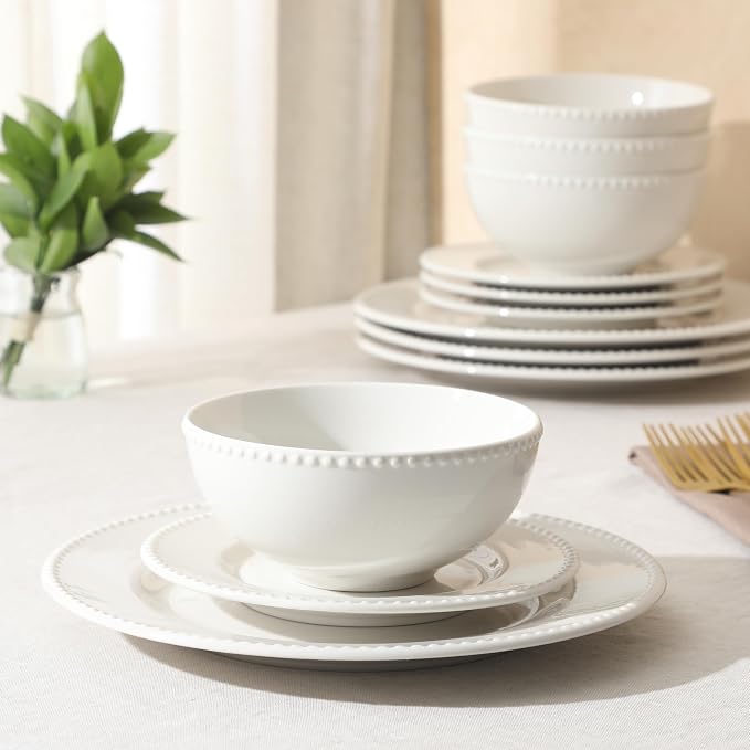Gibson Home Caviara Plates and Bowls Set, 12-Piece Dinnerware Set, White Round Beaded Rim Ceramic Dish Set, Dinner Plates, Salad Plates & Cereal Bowls