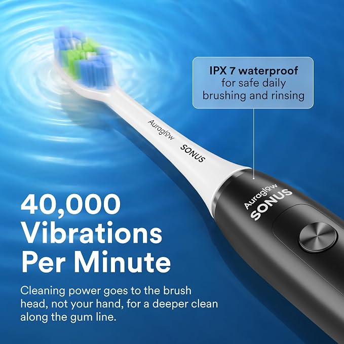 AURAGLOW Sonic Electric Toothbrush for Adults – Rechargeable, 40,000 VPM, 5 Modes, Removes 10x More Plaque, IPX7 Waterproof, Wireless Charging, 30-Day Battery, 2 Brush Heads & Travel Case