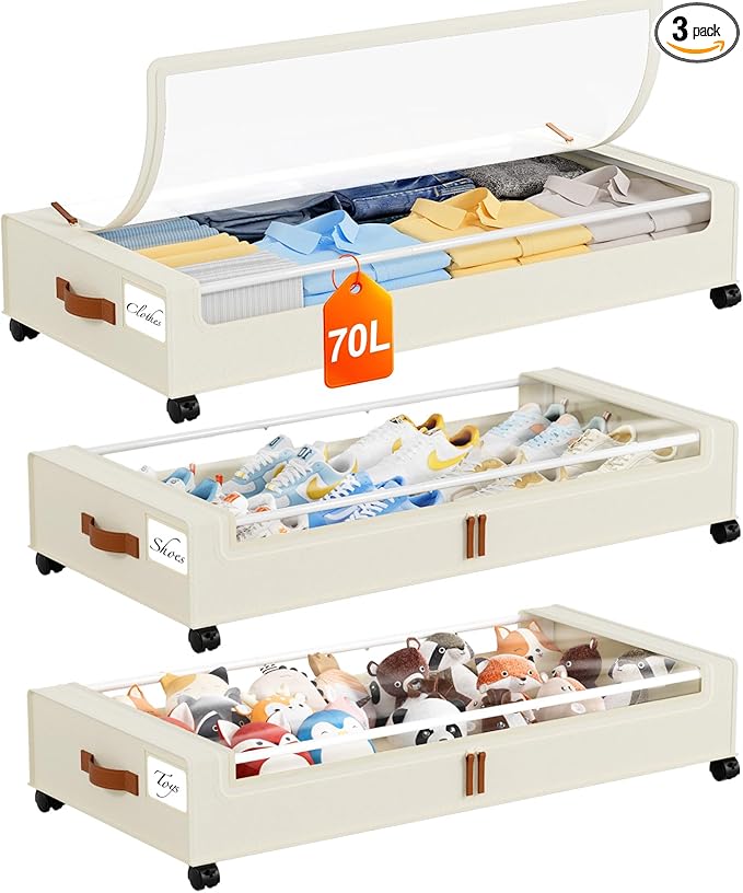 Yecaye 70 L Under Bed Storage with Wheels, 3 Pack Larger Capacity Under Bed Storage Containers, Underbed Shoe Storage Organizer, Rolling Under Bed Metal Drawers for Clothes, Blankets, Beige