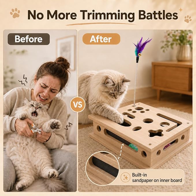 2026 New Cat Scratch Puzzle Enrichment Box, Interactive Cat Nail File Box with Catnip & Bell Ball, Cat Scratcher Toy with Teaser Wand, Stress-Free Alternative to Clippers & Grinders