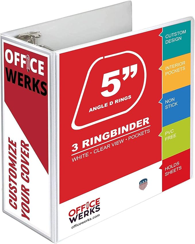 5 Inch 3 Ring Binder 2 Pack, Heavy Duty Locking D-Ring, Holds 950+ Sheets, PVC-Free, Assembled in USA, 8.5 x 11, Clear View Cover with Pockets, Customizable, Professional, White - Ring Binder Depot | Locking D-Ring, PVC-Free, Assembled in USA, 8.5 x 11...