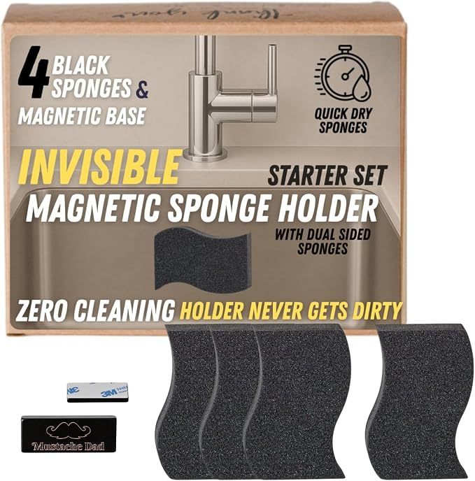 Invisible Magnetic Sponge Holder for Kitchen Sink Caddy with Magnetic Sponge Set 4 Dual-Sided Large Magnet Dish Scrubber (Clutter Organizer) by Mustache Dad
