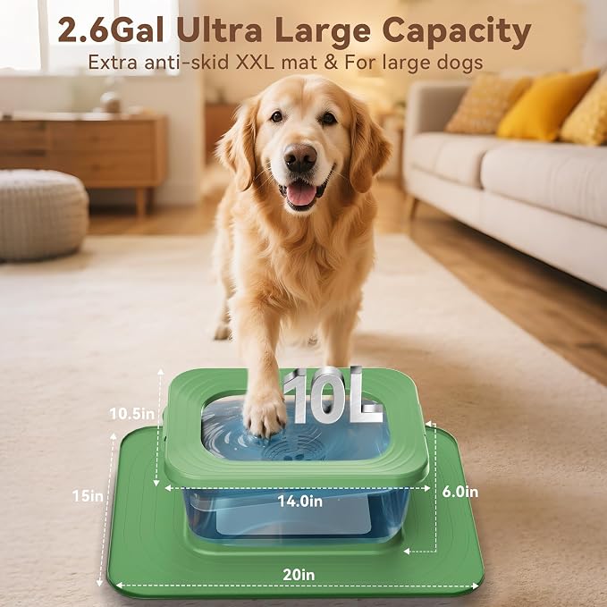 10L No Spill Dog Water Bowl Stainless Steel for Messy Drinkers | Large Capacity Slobber Stopper, Slow Drinking Anti Splash Design, XXL Silicone Mat, For Large Dogs & Multi-pet Homes, Green
