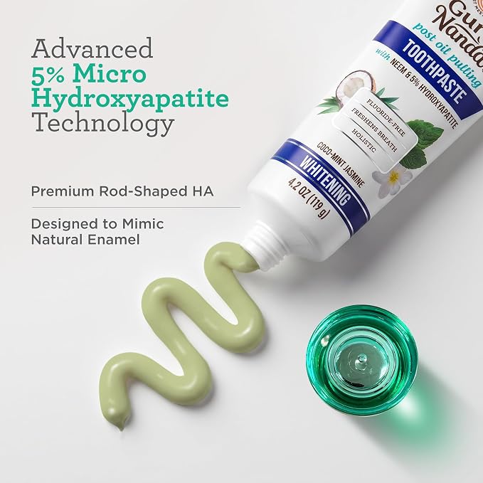 GuruNanda Hydroxyapatite Toothpaste for Whitening with Neem & Xylitol, SLS & Fluoride Free Formula with Tongue Scraper & Squeezer - Freshens Breath, Fights Plaque - Natural CocoMint Jasmine, 4.2oz
