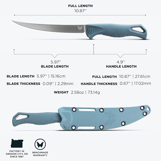 Benchmade Fishcrafter Fishing Knife, MagnaCut Steel Blade (18030) | Depth Blue Santoprene handle, Trailing-Point blade