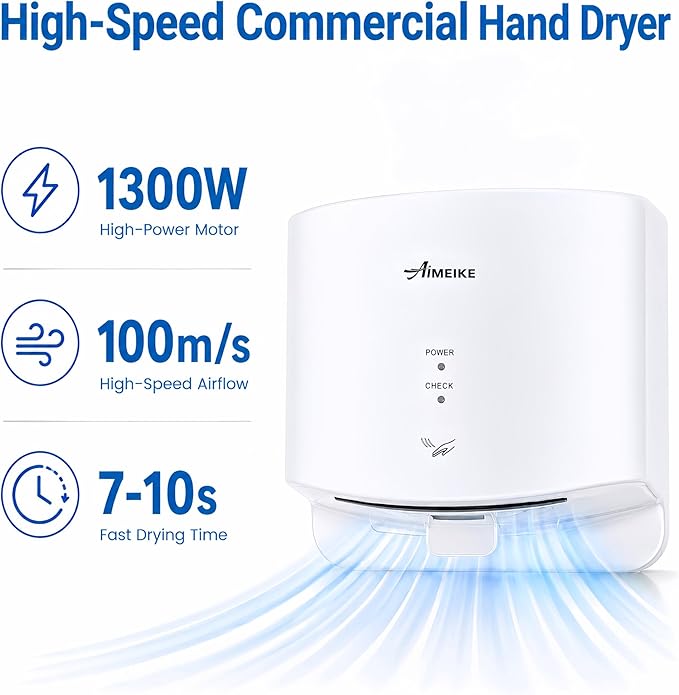 Automatic Commercial Hand Dryer, 110V 1300W High Speed Wall Mounted Hand Dryer for Bathroom, 7-10s Drying, 100m/s Air Speed, 72dB, Plug-in or Hardwired, White