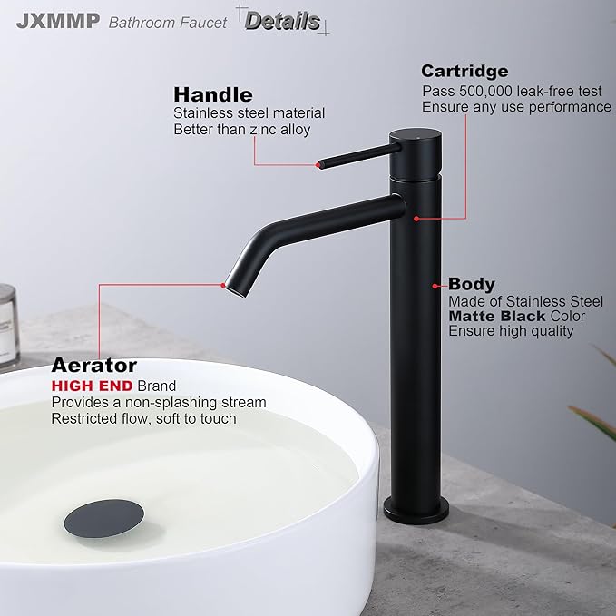 Black Vessel Sink Faucet with Drain Assembly and cUPC Supply Lines, JXMMP Stainless Steel Matte Black Faucets for Bathroom Sink, Tall Bathroom Faucet JXM1001BK