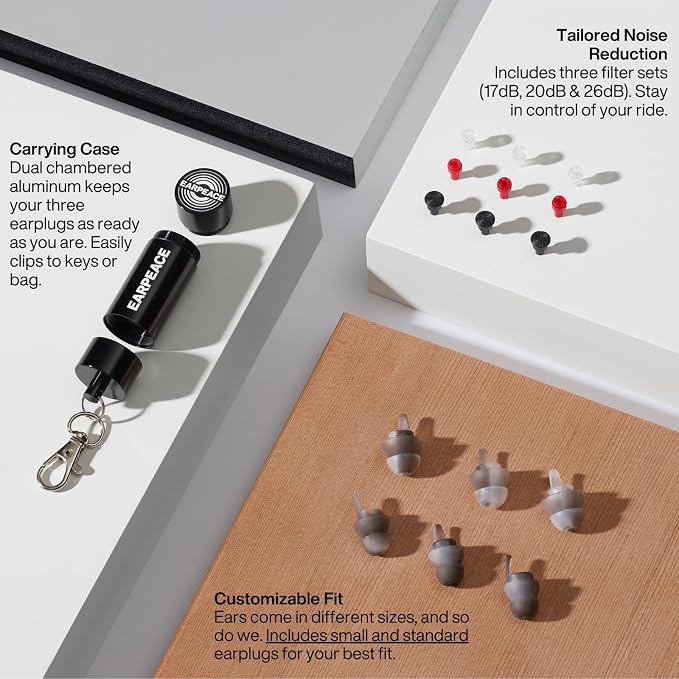 EARPEACE Moto - Reusable Motorcycle EarPlugs - Motorcycle Ear Plugs Wind Noise Protection - Comfortable Ear Plugs for Riding with High Fidelity Filter Noise Canceling Up to 26dB