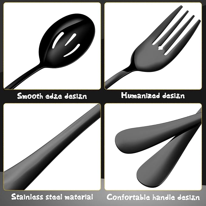 Thenshop 30 Pcs Serving Utensils Set Stainless Steel Flatware Serving Set Include Large Spoons Slotted Spoons Forks Soup Ladle Pie Server and Tongs for Buffet Catering Party Restaurant(Black)