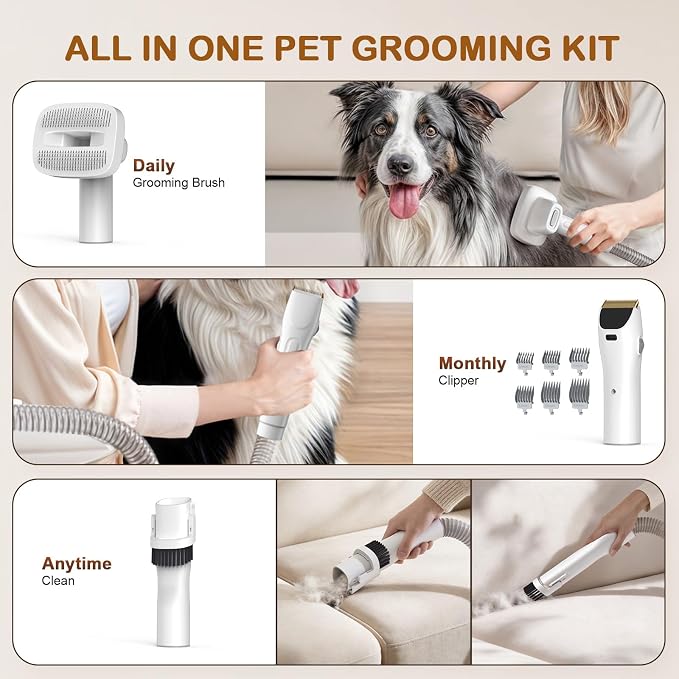Dog Grooming Vacuum, Dog Grooming Kit, 3 Suction Modes Dog Brush Vacuum with 5 Pet Grooming Tools (Off-white)