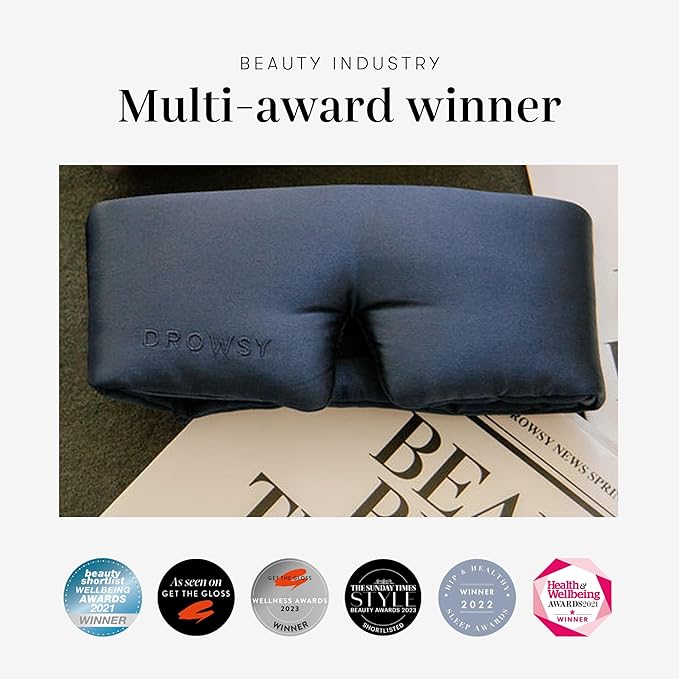 DROWSY Eyelash Protecting Silk Sleep Mask for Natural Lashes & Extensions. Deep Eye Cups, Zero Pressure, Total Blackout, Full Wraparound (Midnight Blue)