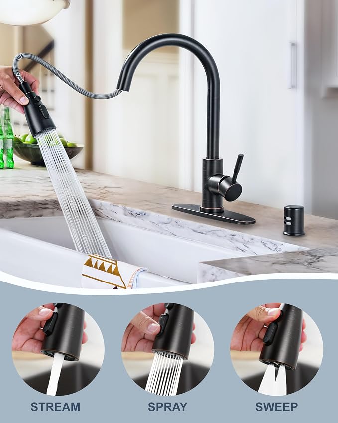 Kitchen Faucet with Air Gap: WOWOW Stainless Steel Kitchen Sink Faucet and Dishwasher Air Gap Kits for Kitchen Sink 2 or 4 Hole, Oil Rubbed Bronze Kitchen Faucet Combo with Sprayer
