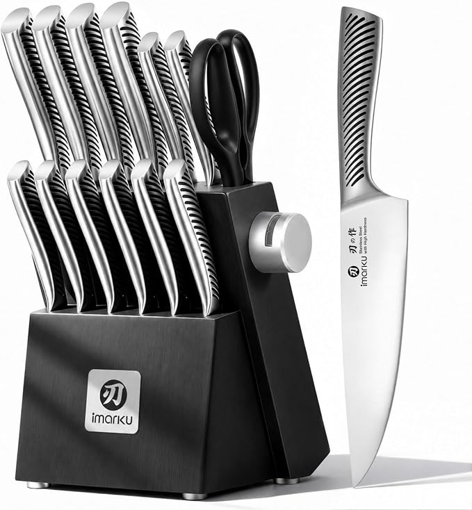 Imarku 14-Piece Japanese Gyutou Stainless Steel Knife Set with Block | 15° Precision Edge | 56±2 HRC Hardness | Full-Tang Build for Perfect Balance | Built-in Sharpener for Easy Maintenance
