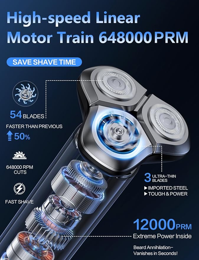 Electric Razor for Men, Men's Electric Shaver, 3-Blade Rotary Shaving System, Touch Switch, Type-C Fast Charging, LED Display, Travel Lock, 90+ Minutes Run Time