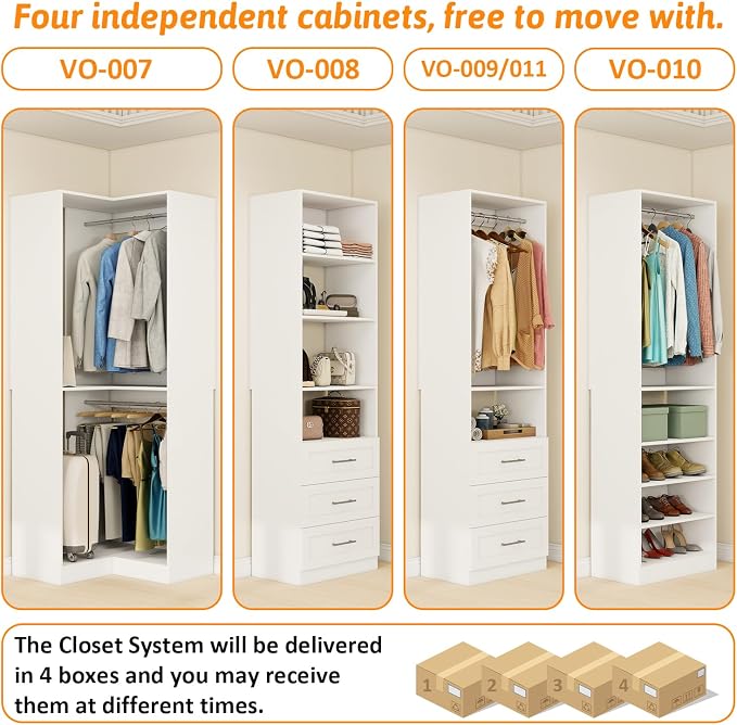 Vomavex Closet System with 4 sets, 101.9" Closet Organizer Systems with 6 Drawers & 8 Hanging Rods & Adjustable Shelves, Walk in Closet Standing Closet System, Corner Closet System Set, White
