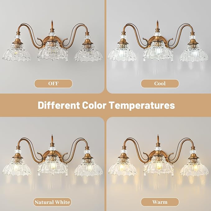 Vintage Bathroom Vanity Light, 3-Light Matte Antique Brass Finish Wall Sconce with Hanging Crystal Accents and Flower-Shaped Clear Glass Shades, Retro Wall Mount Vanity Light Over Mirror for Bathroom