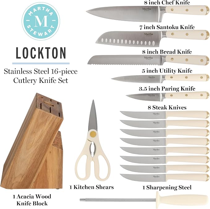 Martha Stewart Knife Block Set 16-Piece - Lockton High Carbon Stainless Steel Forged Full Tang Chef Knives, Acacia Wood Block, Triple Riveted Handles, Linen White & Gold