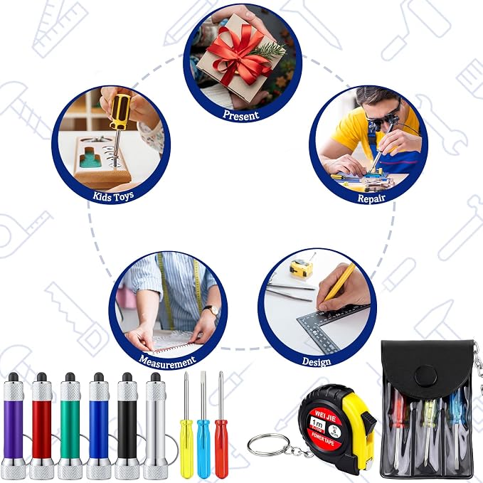 Jutom 180 Pcs Mini Tape Measure Keychain Screwdriver LED Light Keychain Bulk Men Adult Tool Party Gifts Prize for Man Father's Day Housewarming Gifts Adult Useful Tool Favors (Colorful)