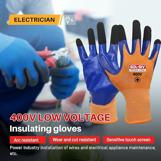 400V Electrical Gloves (3 Pairs, XL), Flame Retardant Low Voltage Insulated Gloves, High Grip Rubber Safety Work Gloves for EV, Solar, HVAC & Panel Maintenance