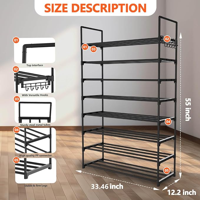 Hsscblet 8 Tiers Metal Shoe Rack,Adjustable Shoe Shelf Storage Organizer with Hooks,Stackable Boot & Shoe Storage,for Entryway,Hallway,Closet,Black