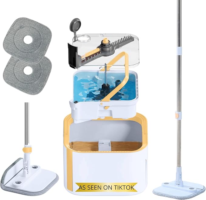 True & Tidy Square Spin Mop with Detachable Bucket, 2 Machine Washable Pads