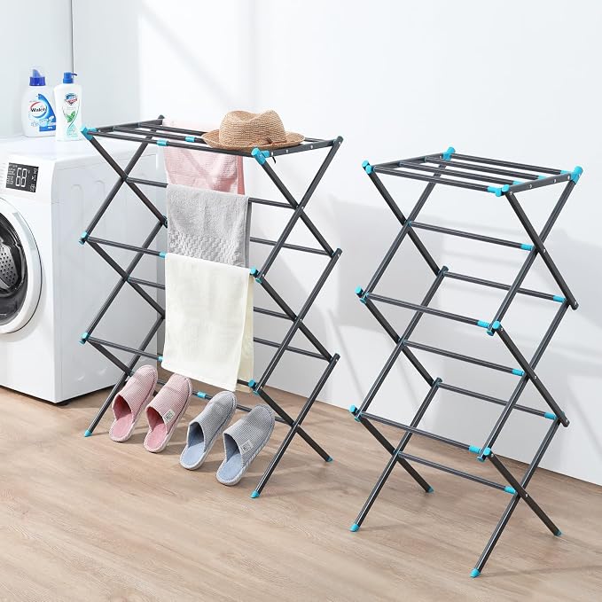 APEXCHASER Oversize Clothes Drying Rack, 3-Tier Drying Rack Clothing, Expandable Metal Laundry Drying Rack, Air Drying Rack, No Install, 24lb Capacity, 14.9" D x 29.3" W x 39.3" H, Graphite
