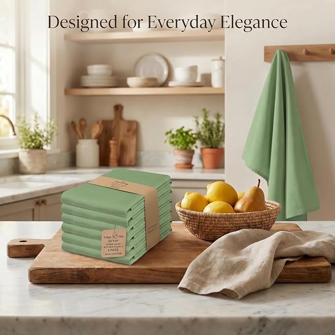 Urban Villa Kitchen Towels 100% Cotton Dish Towels for Kitchen(Set of 6)20”x30” Dish Cloths Highly Absorbent Kitchen Linen Set with Hanging Loop Perfect for Drying Dishes Cleaning Hand Towels – Green