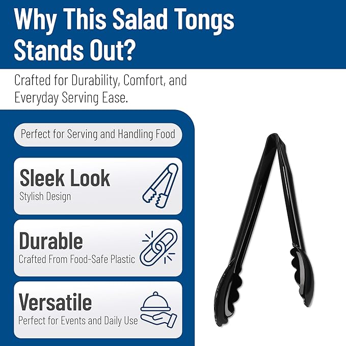 Carlisle FoodService Products 470903 Carly Salad Tong, 9" Utility Tong, Black, 1 Pack