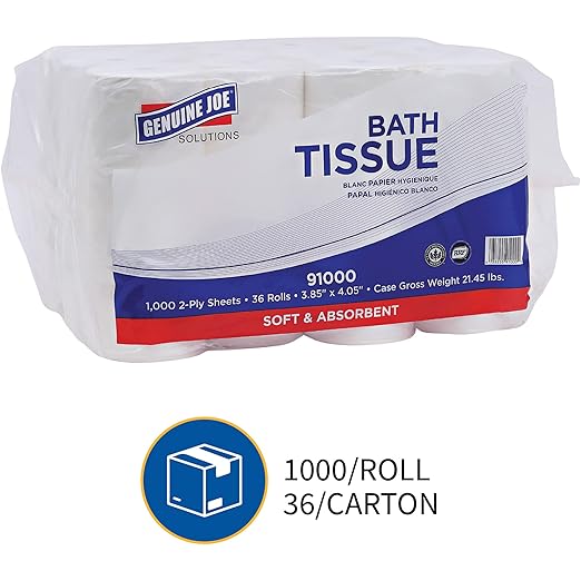 Genuine Joe Bath Tissue, 3.85" x 4.05", 2-Ply, 1000 Sheets/Roll, 36 Count