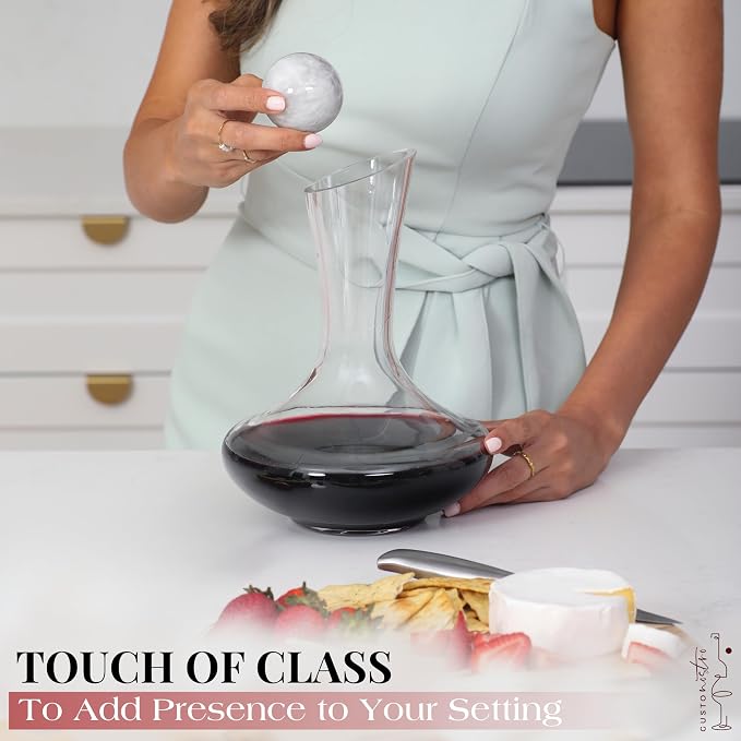 Gusto Nostro Crystal Wine Decanter Set with Drying Stand, Corkscrew, Marble Stopper, Cleaning Beads - 750ml Hand Blown Glass Wine Carafe Decanter with Stopper - Luxury Gift Set for Decanting Red Wines