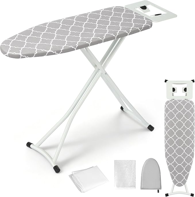 Ironing Board,Foldable Ironing Board Adjustable Height Compact Iron Board Thick Steel Tube Iron Board with Holder,Replacing Cloth Cover and Mini Handheld Gloves,Gift for Women(Grey Texture)