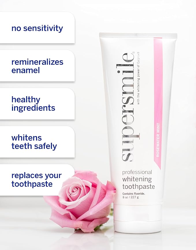 Supersmile Rosewater Mint Whitening Toothpaste, with Fluoride, 8 Oz | Whitens 3 Shades After 1 Day, Moroccan Rosewater + Spearmint Flavor, Veneer Safe, RDA 65, Cavity Protection
