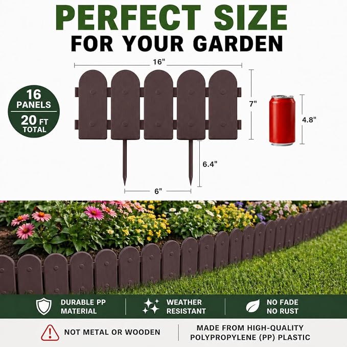 Garden Border Plastic Edging: Wooden Fence Design - 16pcs Brown Yard Landscaping Fence Liner Lawn Edge Barrier - 20ft Kit of Decorative Lawn Panels Elements -Landscaping Edging-GMT-10374-A16