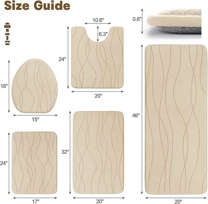 YIHOUSE Bathroom Rugs Set 5 Piece, Memory Foam Bath Mat Khaki | Ultra Soft, Absorbent, Non-Slip, Machine Washable, for Bathroom, Sink and Toilet