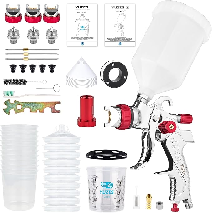 YUZES HVLP Spray Gun Kit, 1.4/1.7/2.0mm Nozzles, Automotive Paint Gun | For Smooth, Even Coverage, 3 Nozzle Sets, 10 Cup Liners, 600ml Mixing Cup, Adjustable Fan & Fluid, Automotive & DIY
