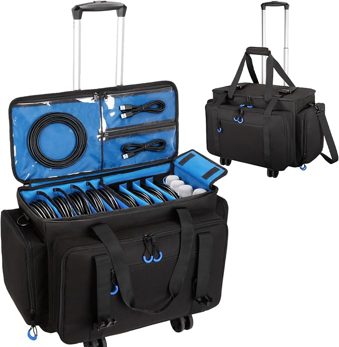 Rolling Dj Cable Bag with Laptop and Microphone Pocket, Dj Bag for Equipment and Music Accessories with Detachable Dividers, Bottom Pad, Dj Gig Bags for Musicians, Professional, Travel, Blue