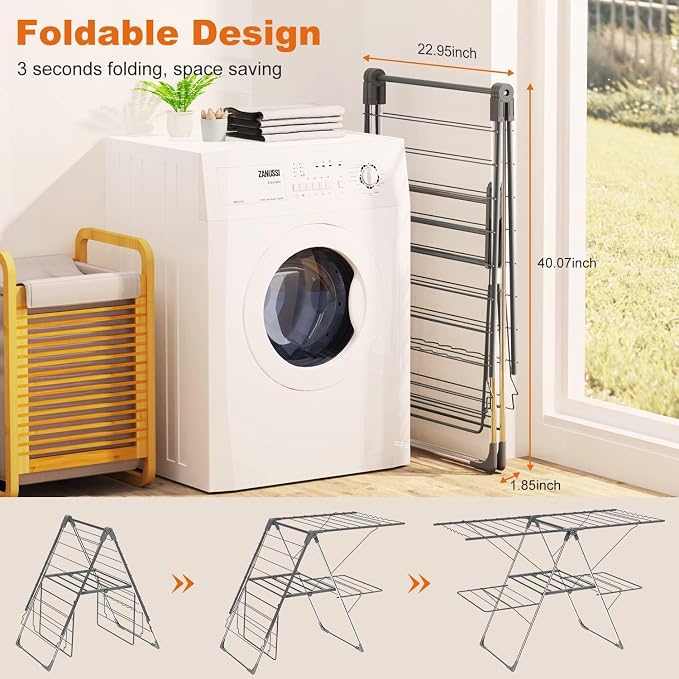 Bigzzia Clothes Drying Rack Foldable, 2-Level Large Laundry Drying Rack Collapsible, Stainless Steel Drying Rack Clothing for Indoor Outdoor, Easy to Fold, 33 Drying Rails, 56.1" L × 22.7" W, Gray