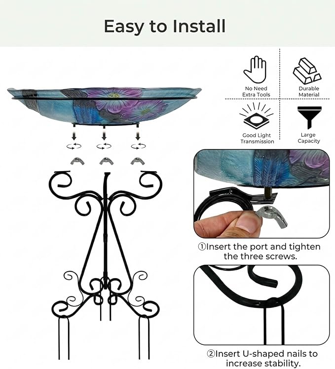 Large Glass Bird Bath with Metal Stand, Blue Jay | 18" Wide Bowl, 3.2" Bathing Depth, Thick Glass Construction, Stable 3-Leg Base, Easy Clean Surface, Garden Decor
