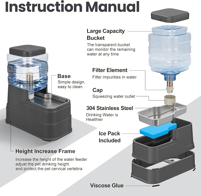 Automatic Cat Water Dispenser Gravity Stainless Steel Water Feeder Dog Waterer Feeder with Wide Mouth Bowl for Small Medium Dog Puppy Kitten (Filter &Ice Pack Included) 1Gallon Gray
